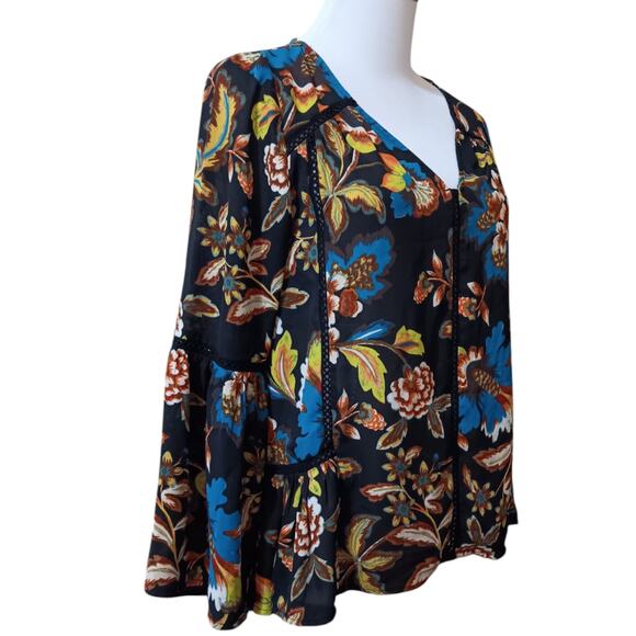 INC Sheer Boho Floral Blouse Top Petite Small Flare Ruffled Crochet Lace Flowy - Picture 1 of 11